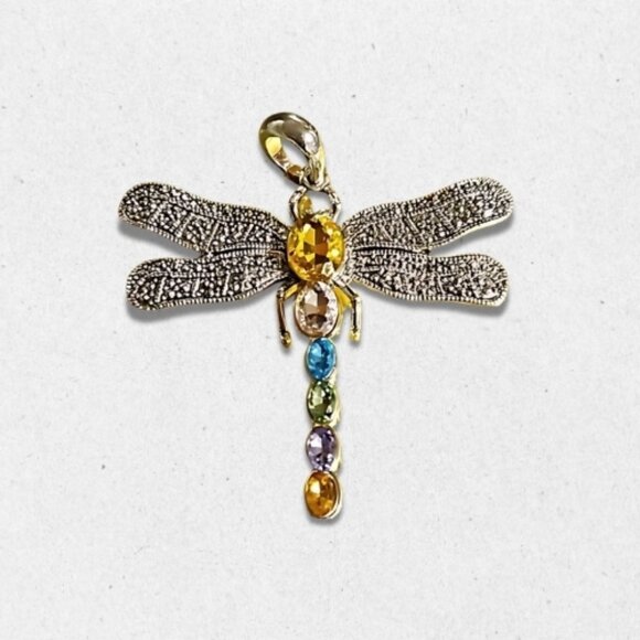 Jewelry - Silver Tone Glass Dragonfly Pendant Intricate Wing Detailing Multicolor One Size